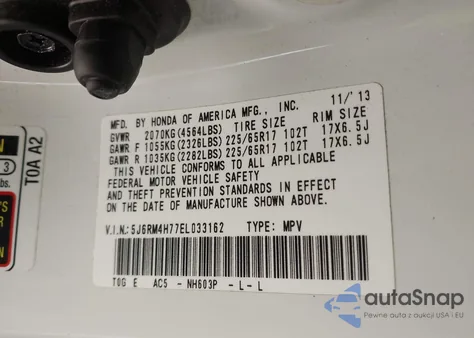 2014 Honda Cr-V Ex-L z USA, uszkodzony, nr VIN 5J6RM4H77EL033162